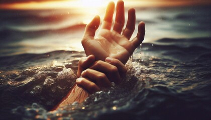 Close up of hand saving drowning man's hand. Miracle of saving life from drowning