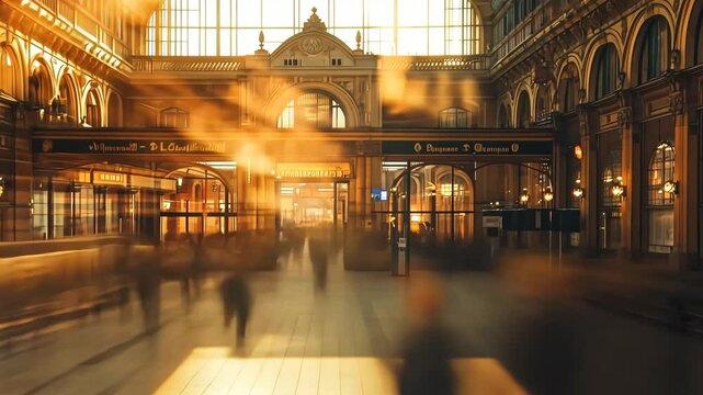 Passengers rush through a busy train station filled with warm sunlight and architectural beauty