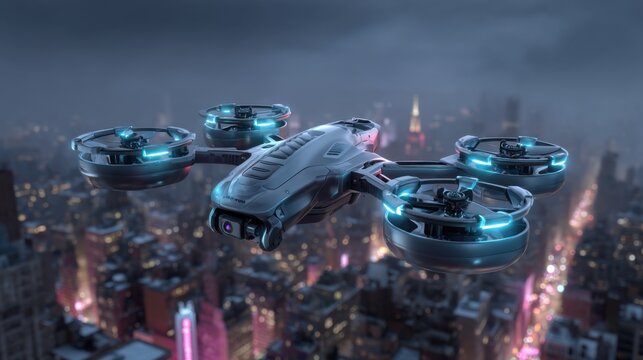 Futuristic Drone Surveillance Over Cyberpunk City Skyline at Night