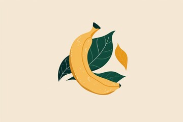 Fresh Yellow Banana Surrounded by Green Leaves on Pale Background