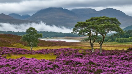 Misty mountain landscape with vibrant purple heather.