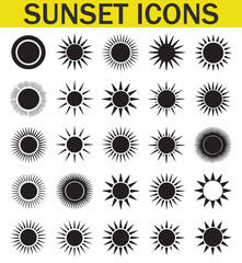 A collection of various black and white sun designs with unique silhouettes, representing different sun illustrations in a minimalist style.