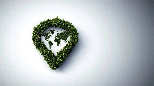 A location pin made of green leaves on a white background, symbolizing eco friendly mapping, sustainable navigation, Surveying and Geolocation, GPS surveying