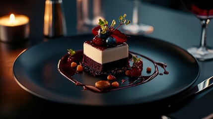 Exquisite dessert presentation fine dining restaurant food photography elegant atmosphere close-up view culinary art