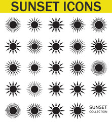 A collection of various black and white sun designs with unique silhouettes, representing different sun illustrations in a minimalist style.