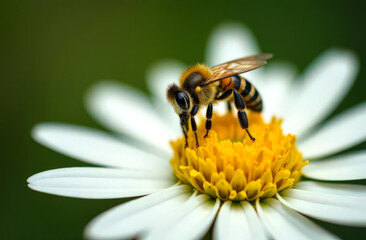 Honey bee collecting pollen on one chamomile. Collecting nectar. Hardworking collective insect. Yellow and white chamomile flower. Blurred background. Macro. Close-up. Copy space for text.