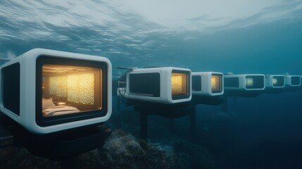 Underwater modular habitats concept visualizing future innovative marine living sustainable development and ocean conservation