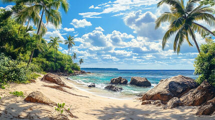 Anime style tropical island beach scene. Sunny day with white clouds, blue ocean, palm trees, rocks, and tropical green vegetation. Vacation, travel, and holiday concept.