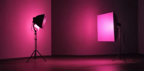A vibrant pink photographic lamp illuminates a dark studio , creative, object