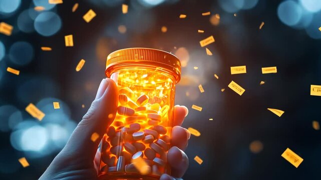 Slow motion capture of a person holding a glowing prescription bottle filled with colorful pills