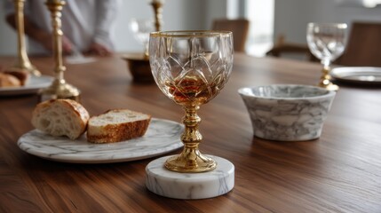 Simple Glass Chalice on Marble Pedestal with Host Beside It
