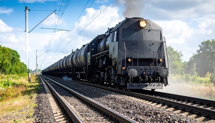 Naklejka premium Powerful Freight Train Transporting Goods Across Countryside Railway Tracks