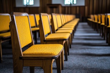 Rows of wooden chairs with mustard yellow upholstery.  Interior of a church