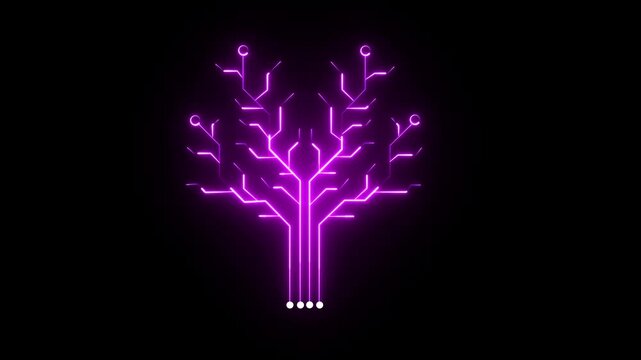 Glowing Outline Tree Animation. Abstract digital dot line particle data background connecting technology concept 3d Circuit Board .