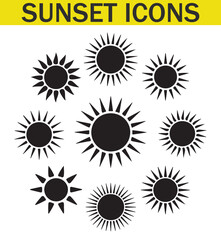 A collection of various black and white sun designs with unique silhouettes, representing different sun illustrations in a minimalist style.
