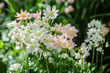 fresh floral mix of pale pink and pure white in blooming garden