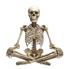 Skeleton in a meditative pose demonstrating yoga and tranquility in a serene setting