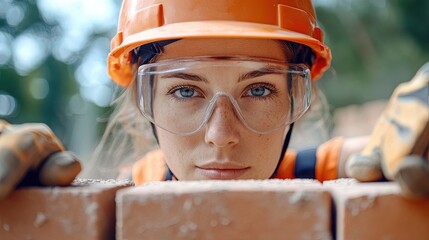 A woman stacking bricks in preparation for the next phase of building a house, wearing safety gear 