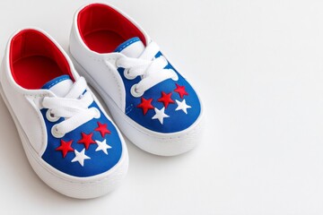 Patriotic baby shoes sparkle with stars, exuding July Fourth charm and hinting at Americana-inspired infant revelry