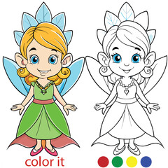 A fairy coloring book page for kids with simple details. A cute cartoon little fairy blows a fairy for coloring on a white background