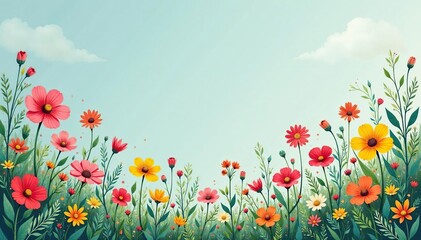 Fototapeta premium Scattered wildflowers, stylized, naive art style, design, background, art