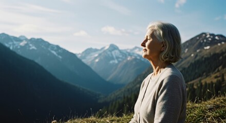 Fototapeta premium Woman meditating in mountains for mental clarity to avoid burnout for mindfulness, digital detox, depression relief, nature therapy for retreat, slow living
