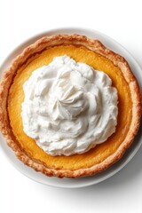 Golden pumpkin pie crowned with whimsical whipped peaks, autumn equinox delight, cozy harvest festival, comforting homemade warmth