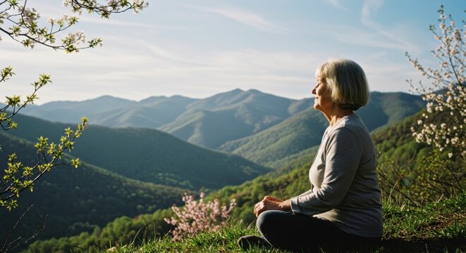 Woman meditating in mountais at sunset. Lady practicing mindfulness for stress relief, mental clarity, burnout recovery. Self care, nature therapy, wellbeing - Powered by Adobe