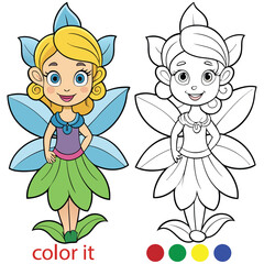 A fairy coloring book page for kids with simple details. A cute cartoon little fairy blows a fairy for coloring on a white background