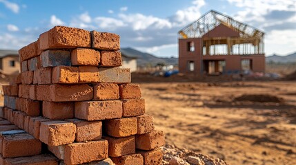 Fototapeta premium Bricks stacked in neat piles on a construction site, with the skeleton of a new house rising in the distance 