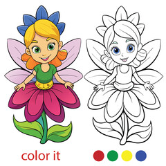 A fairy coloring book page for kids with simple details. A cute cartoon little fairy blows a fairy for coloring on a white background