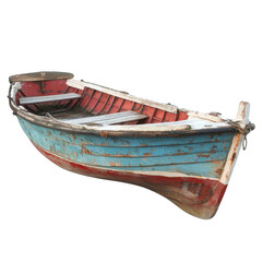 Obraz premium Rustic fishing boat with peeling paint resting on the shore at sunset near a coastal area