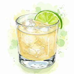 Watercolor illustration of a refreshing citrus beverage served in a glass with a lime garnish. The drink is surrounded by splashes of vibrant color, conveying a feeling of refreshment and zest.