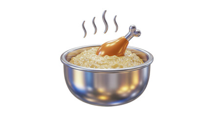 Isolated Bowl of Steaming Rice with Chicken Leg