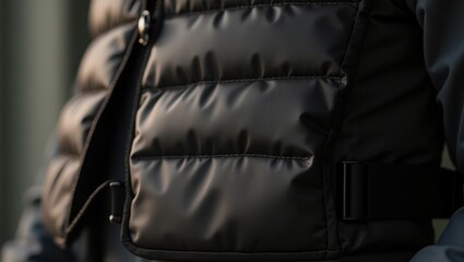 Rucking Vest. Black Tactical Jacket. Trend product close-up. Simple yet functional black tactical jacket with prominent zipper adds practicality to casual wear.