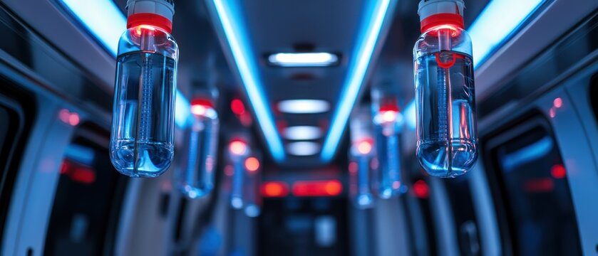 Row of hand sanitizers hang inside subway car, illuminated by blue lighting, emphasizing hygiene protocol.