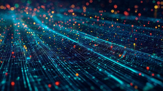 Blockchain Data Flow AI Network, Digital Communication and Music Waves - 3D Illustration