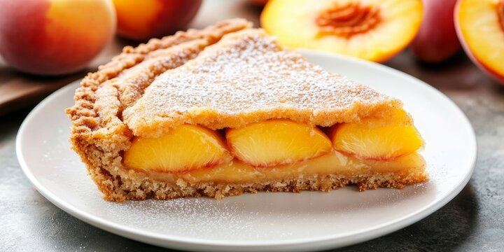 Delectable Homemade Peach Pie Slice With Powdered Sugar on White Plate, Fresh Peaches Background,