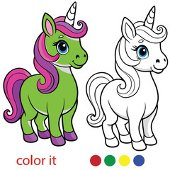 Cute Unicorn Coloring Page for Kids | Black and White Outline Unicorn Vector Illustration for Printable Coloring Book.