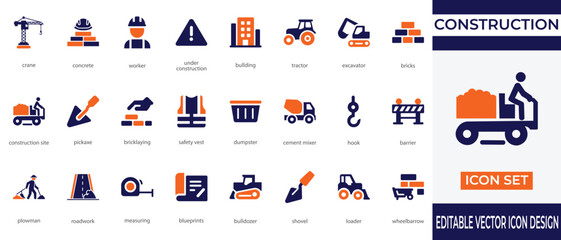 A professional and minimal icon set representing construction and building activities. This collection includes icons for crane, bulldozer, cement mixer, safety vest and blueprints, workers