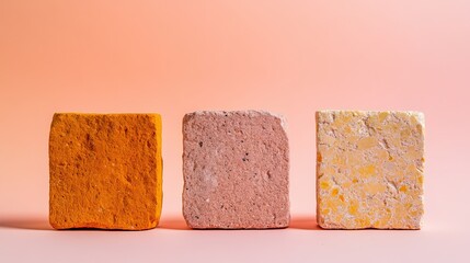 Three irregular bricks arranged haphazardly in a line against a soft pastel backdrop 