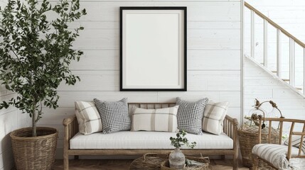 Farmhouse Living Room Mockup Rustic Frame, Cozy Interior, 3D Render
