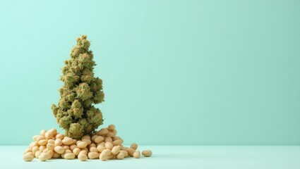 Runtz. Cannabis and chaos. Isolated background, copyspace.. Cannabis plant sits atop chaotic peanut pile, symbolizing clash between order and substance.