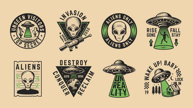 Vintage Aliens emblems. Emblems set for t-shirt print, apparel, sticker design. Retro style UFO logo. Vector Illustration.	