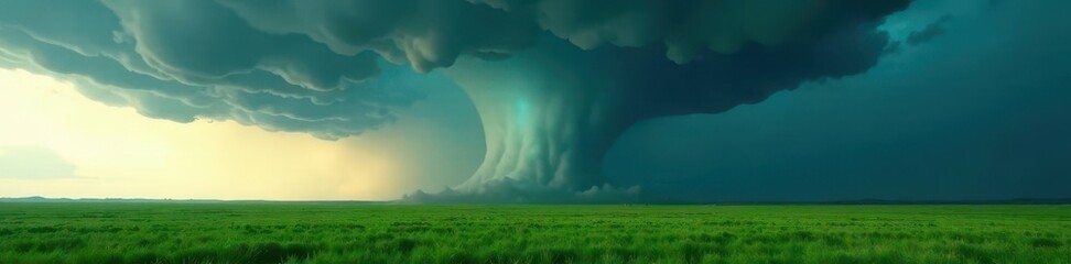 Obraz premium Dark, swirling vortex of a tornado over flat, green Great Plains under stormy sky , funnel cloud, green