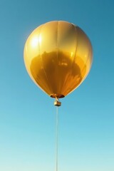 Fototapeta premium Gleaming gold balloon floats on long string against a clear sky , balloon, helium