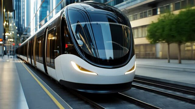 Modern City Transit: A sleek, futuristic electric train glides smoothly through a vibrant cityscape, symbolizing the future of urban transportation.