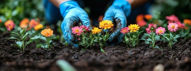 Brightly colored blooming flowers in neatly aligned beds being planted by unseen hands wearing blue gloves with visible trowel and soft soil texture,

