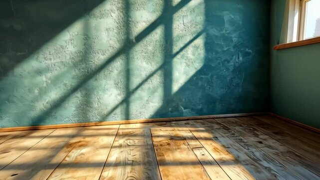 Sunlight streams on wood floor in room with textured blue wall. Interior