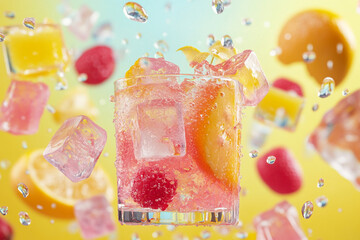 Colorful cocktail ad with ice cubes, juice drops and bright fruit elements in the air